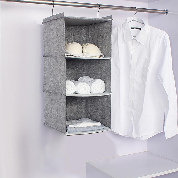 Hanging Closet Organizer 3-Shelf, Oxford Linen Wardrobe Storage, Gray | Easy-mount foldable design holds clothes, handbags, shoes & accessories; washable Oxford fabric, sturdy and space-saving.