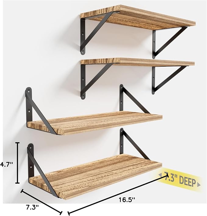 COCOYA Wall Shelves 7.3" Deep Solid Paulownia Wood (Light Brown, Set of 4) | 15mm Thick, Wider & Longer & Stronger, Easy to Install, Floating Bookshelves, For Bathroom Bedroom, Office Storage Organizer