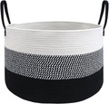 JMvicyroam 65L Extra Large Blanket Basket for Living Room - Woven Cotton Rope Laundry Hamper with Reinforced Handles - Storage Bin for Pillows, Comforters & Toys - Machine Washable,White&Black Mix