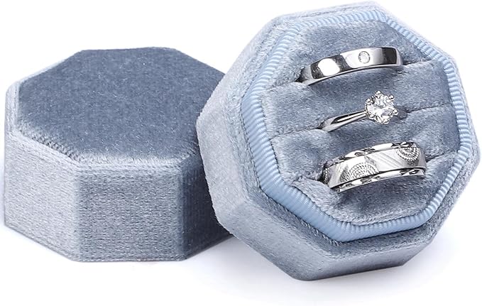 WantGor Velvet Ring Box, 3 Slots Jewelry Ring Gift Box Vintage Ring Holder | Ring Display Case for Wedding Ceremony Proposal Engagement (Blue)