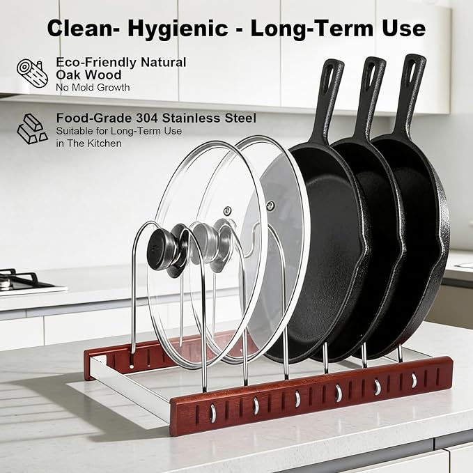 Pot Lid & Pan Organizer, Space-Saving Kitchen Cabinet Organizer W Oak Base & Self-Adaptive Flexible Design for Tray, Baking Sheet, Cutting Board, Cookware, Skillets - Cutting Board Holder Storage