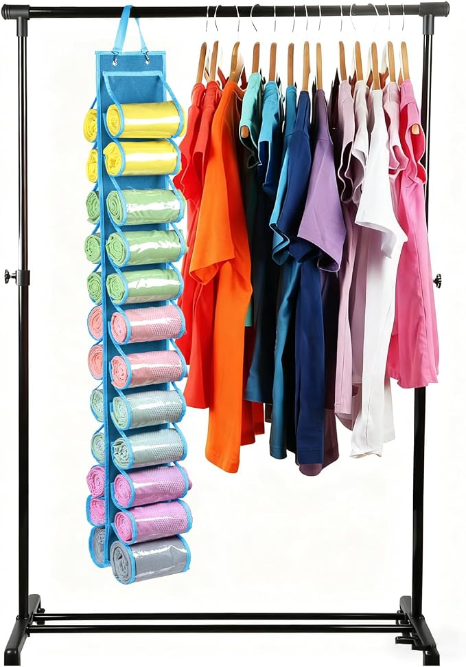 Legging Storage Bag Storage Hanger Can Holds 24 Leggings or Shirts Jeans Compartment Storage Hanger, Foldable Leggings Organizer Clothes Portable Closets Roll Holder (Blue)