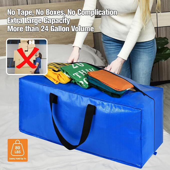 Heavy Duty Blue Moving Bags with Strong Zipper Handles Backpack Straps | 4 Pack Extra Large Storage Bags Totes Moving Boxes Packing Supplies for College Dorm Room Essentials Compatible with IKEA
