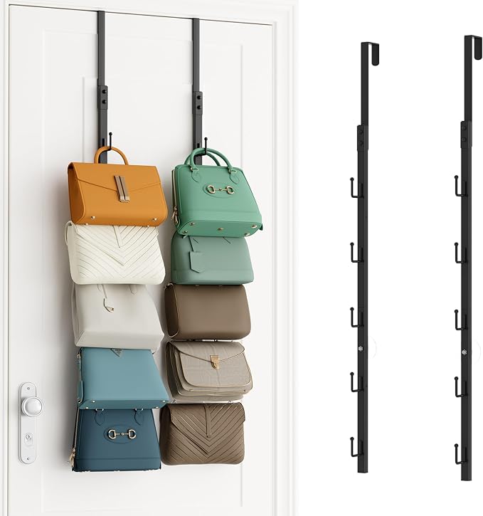 SWTYMIKI Over the Door Purse Organizer - 2 Packs Wall Mounted Purse Rack with 5 Hooks Design, Hanging Handbag Organizer Storage Holds up to 10 Bags, Bag Rack for Closet, Door (Black)
