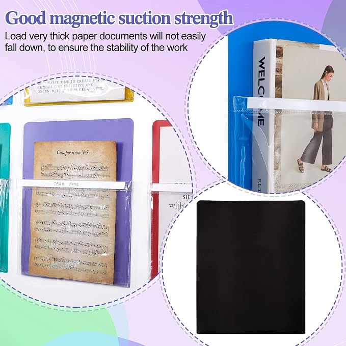 Henoyso 5 Pcs Magnetic File Holder Paper Holder Magnetic Pen Dry Erase Marker Organizer Fridge Pocket Organizer for Whiteboard Refrigerator, 12 x 9.5 in (Assorted Colors)