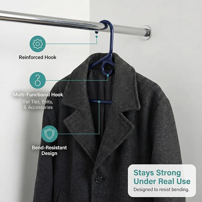 DEILSY™ Heavy Duty Plastic Hangers 50 Pack - Extra Heavy Duty Hangers for Clothes, Thick Navy Plastic Hangers, Strong Clothes Hangers with Hook for Scarves & Belts