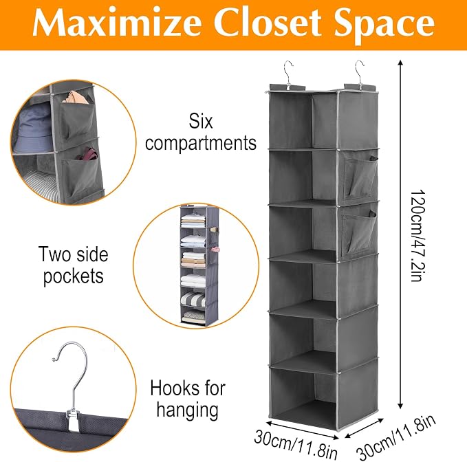 2 Pcs Hanging Closet Organizer, 6-Shelf Storage with 2 Side Pockets and Hooks, for Clothes Sweaters Shoes Accessories, Space-Saving for Dorm RV Small Closet, Grey