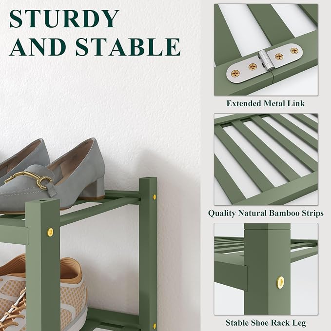 Smiry Bamboo Shoe Rack for Closet, 6 Tier Wooden Shoe Organizer, Stackable Wood Shoe Storage Shelf for Entryway, 14 Vertical Slats, 3+3 Stack Heavy-Duty Legs, 26.77"x11.02"x36.61", Green