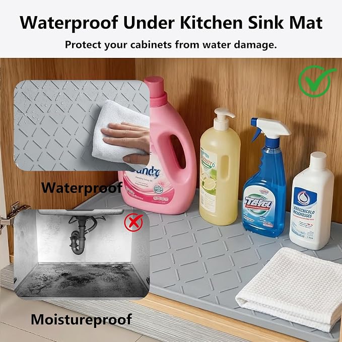 Mateeylife Under Sink Mats for Kitchen Waterproof 34"X22", Undersink Protectors，Silicone Mat Cabinet Liner, Under Sink Organizer for Bathroom and Kitchen，Boot Tray Pet Food Mat, Light Grey