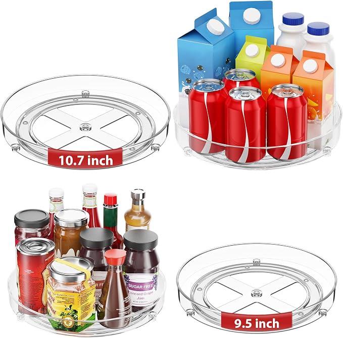 Optish 4 Pack Lazy Susan Organizer, 9.5 Inch, 10.7 Inch Lazy Susan Turntable for Cabinet, Turntable Organizer for Pantry Organizers and Storage, Non-Skid Fridge Organizer