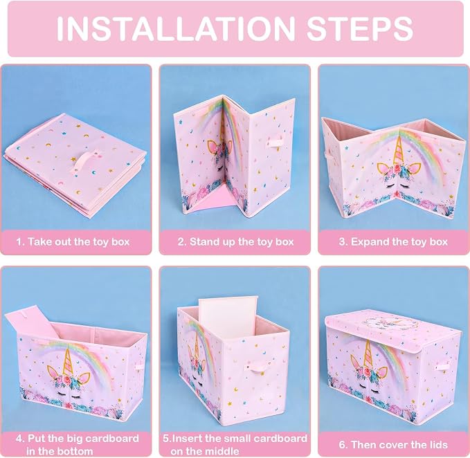 WERNNSAI Unicorn Toy Box - Collapsible Oxford Storage Bin with Handles 25" x 13" x 16" Toys Clothes Books Chest Organizer Cube with Flip-top Lid for Girls Kids Bedroom Nursery Living Room