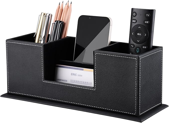 KINGFOM™ Double Holder Leather Multi-Function Desk Stationery Organizer Pen Pencil Holder Black