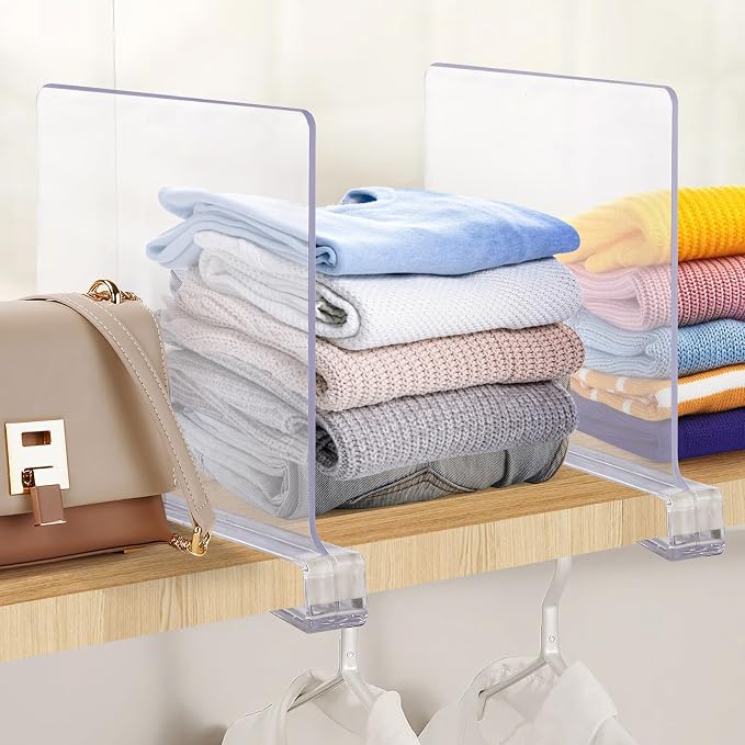 Clear Acrylic Shelf Dividers for Closets Organizer & Storage,6 Pack | Adjustable Vertical Wood Shelf Closet Separators, Keep Clean, for Clothes,Book,Bags, in Bedroom and Kitchen