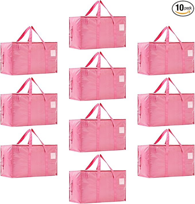 Moving Bags Heavy Duty Extra Large, Moving Boxes, Moving Supplies Essentials,Storage Bins with Lids, Plastic Packing Totes, Storage Bags for Clothes with Handles & Zippers(Pink, 10 Pack)