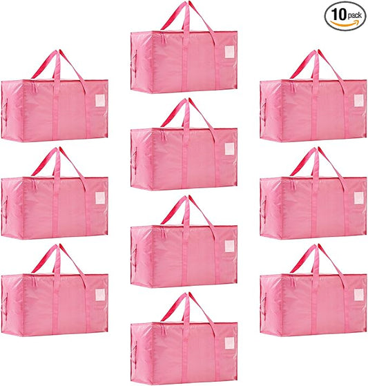 Moving Bags Heavy Duty Extra Large, Moving Boxes, Moving Supplies Essentials,Storage Bins with Lids, Plastic Packing Totes, Storage Bags for Clothes with Handles & Zippers(Pink, 10 Pack)
