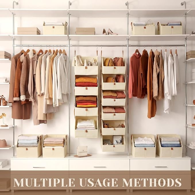 Hanging Closet Organizer 6 Tier Clothes Hanging Shelves with Hooks Zipper, Fabric Storage Bins Space Saving Closet System Collapsible Basket for Sweater Handbags, Laundry Bedroom Rv Dorm Home