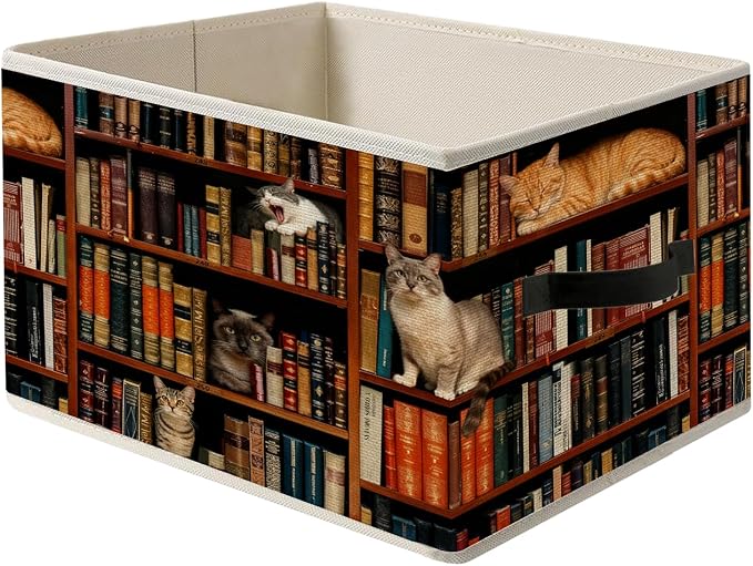 Vintage Cat Book Lovers Storage Bin Box with Handles, Retro Cat Bookish Foldable Organizer Basket Toybox for Reading Corner Room Library Bedroom Bathroom Home Clothes Toys Books