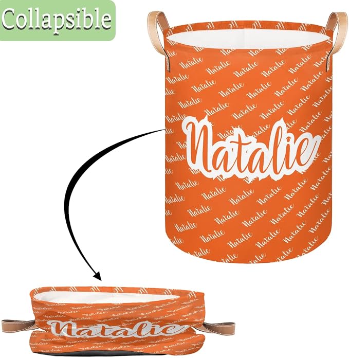 Personalized Laundry Basket, Custom Gift Laundry Hamper, Collapsible Nursery Waterproof Laundry Baskets, Dirty Clothes Toy Hamper with Handles Name Orange
