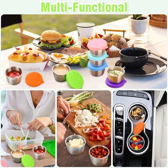 Showvigor 6-Pack 2.4oz Thickening Stainless Steel Salad Dressing Cups with Leakproof Lids | Reusable Sauce Containers for Lunch Box, Travel, Picnics & Kitchen Storage Dishwasher Safe & Eco-Friendly