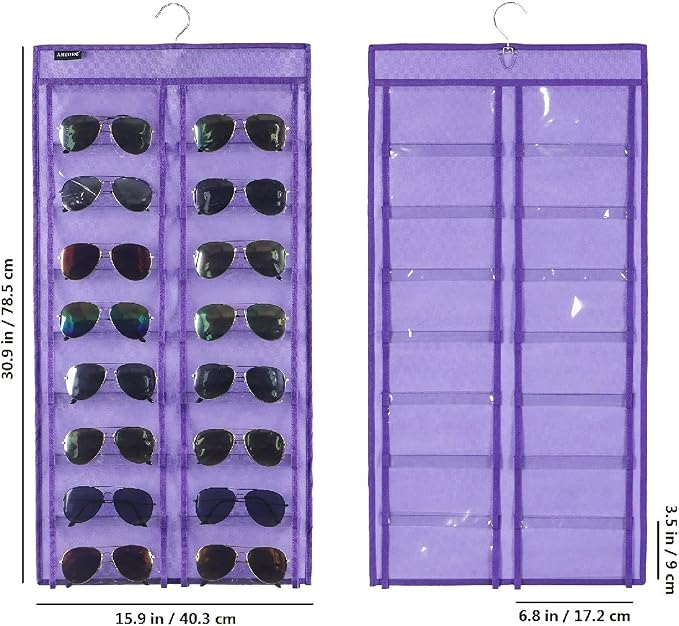 Dual Sided Hanging Sunglasses Organizer Wall Eyeglass Holder Sunglass Rack for Home with 32 Dust Proof Pockets (32 Pockets-Purple)