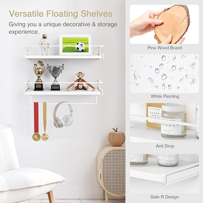 Forbena Bathroom Shelves for Wall Set of 2, White Nursery Floating Book Shelves for Kids Room, Small Wall Mount Bookshelf and Toy Storage Organizer for Baby Toddlers Teens Boys Girls Bedroom