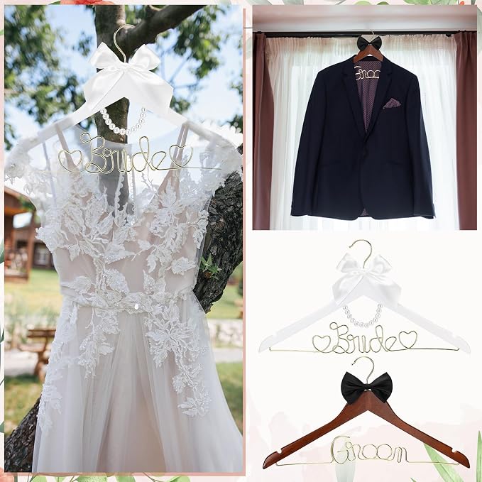 Beeveer 2 Pcs Bride Hanger for Wedding Dress Bride and Groom Wooden Wedding Dress Hanger Set with Bow Tie for Tuxedo Suit Gift Bridal Party Shower