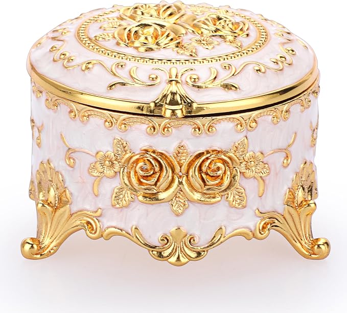 Hipiwe Vintage Round Jewelry Box Small Trinket Storage Organizer Box Gold Metal Chest Ring Case Treasure Box Keepsake Box Earrings Necklace Storage Box Gift for Women, Small