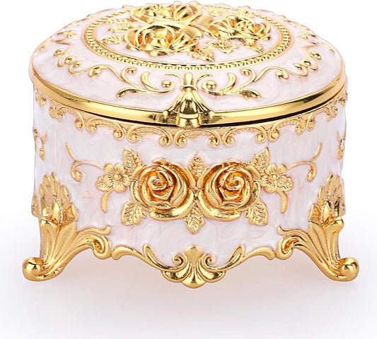 Hipiwe Vintage Round Jewelry Box Small Trinket Storage Organizer Box Gold Metal Chest Ring Case Treasure Box Keepsake Box Earrings Necklace Storage Box Gift for Women, Small