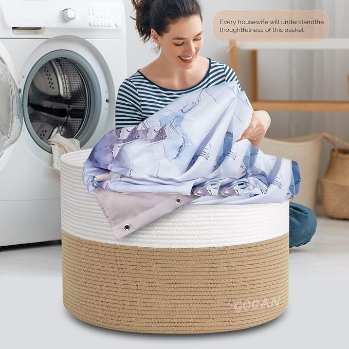 GOCAN Storage Baskets for Organizing D22"H14" Large blanket basket laundry basket Cotton Rope Woven Basket for toy towl in Living Room (Jute/Beige) XXXL