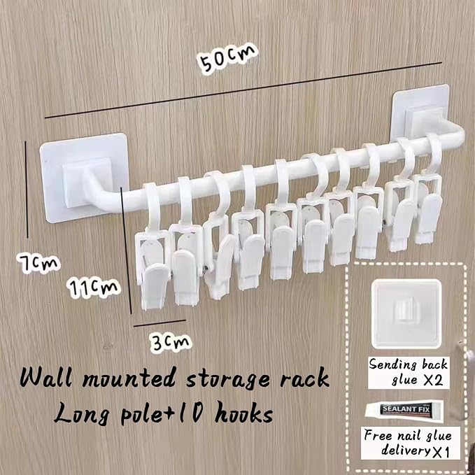 Kid Pants Hanger Organizer with 10 Clips - White & Plastic | Baseball Cap Display Holder, Closet Rail Wall Mounted Door Rack for Drying Baby Socks, Towel, Hats, Toddler Leggings