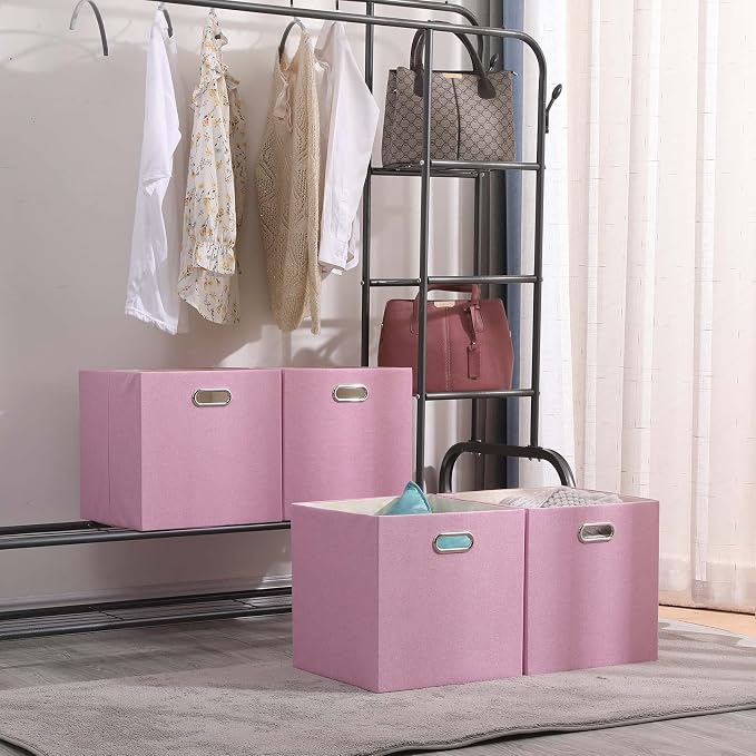 Cube Storage Bins 13x13 Linen Foldable Box with Handles, Collapsible Organization Basket Set of 4 Large Capacity Drawer for Closet Shelf Cabinet Bookcase Bedroom,Pink