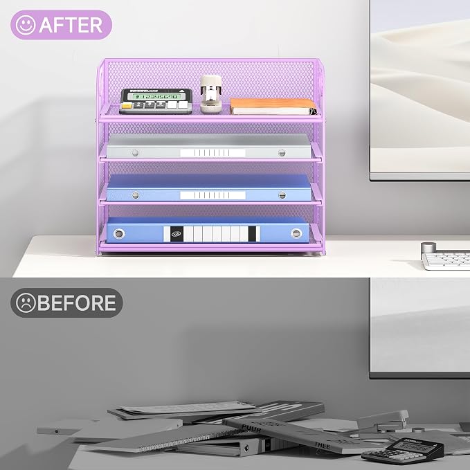 Lavatino 4-Tier Paper Organizer Trays - Purple Mesh File Folder Sorter with Handles, Desk Letter Holder Organizer for Office, Home, School Supplies Storage & Organization