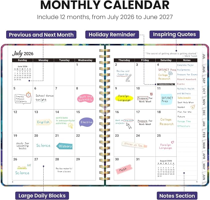 Planner 2026-2027, Hardcover Monthly and Weekly Academic Planner July 2026 - June 2027, Teacher and Student Calendar Agenda Book with Tabs, A5 (6.3" x 8.5"), Ideal for School and Office, Floral Planner, Chromatic Woods
