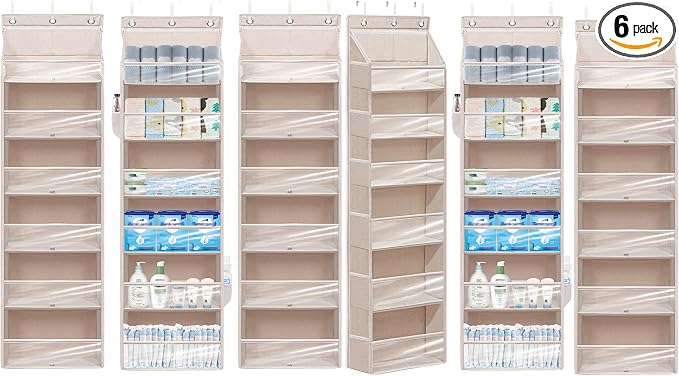 Over Door Organizer with 6 Extra Large Pockets 12 Side Pockets, Sturdy Closet Storage Rack, Hanging Storage Organizer with Clear Window for Shoes, Diaper, Bedroom, Bathroom, Beige, 6-Pack
