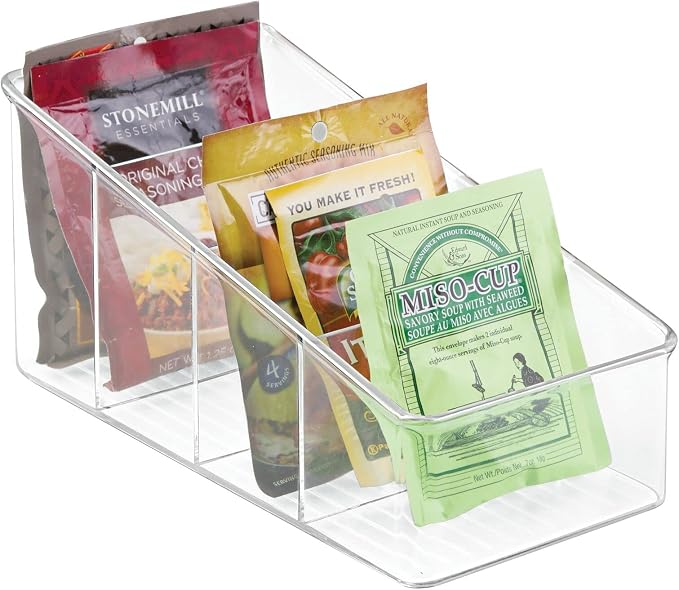 mDesign Plastic 4-Section Food Packet Organizer - Storage for Kitchen, Pantry, Cabinet, or Countertop - Organization for Spice Packets, Hot Chocolate, Seasoning Pouches, Ligne Collection, Clear