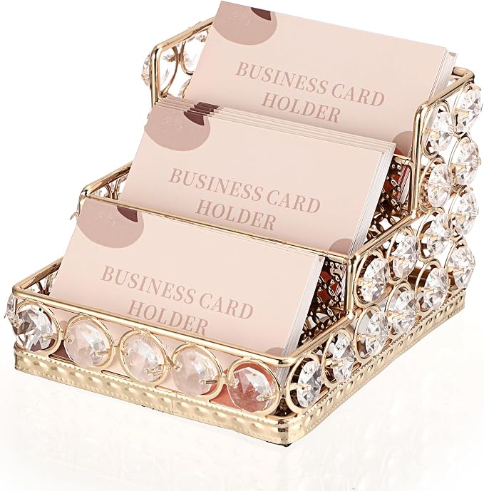 Hipiwe Crystal Business Card Holder - 3 Tiers Gold Mirrored Name Card Display Stand Desktop Business Card Storage Organizer for Office Desk, Holds 120 Business Cards
