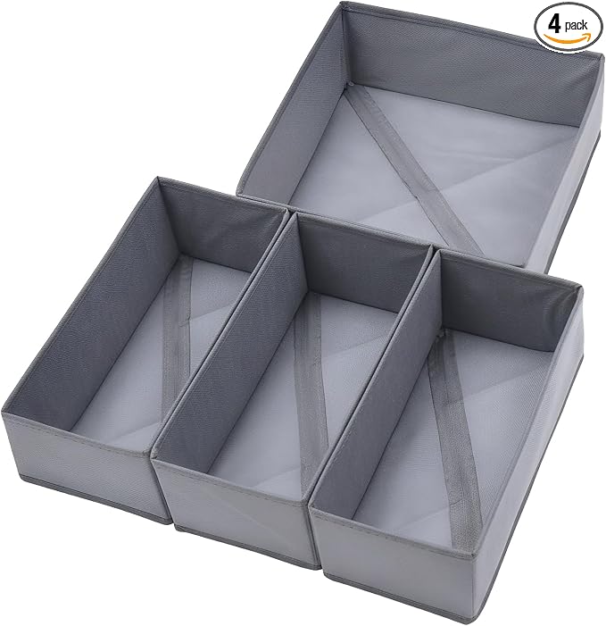 Bructhun Drawer Organizer Set of 4- Fabric Storage Bins for Clothes, Underwear, Socks & Bras - 11" Dresser Dividers for Bedroom Closet