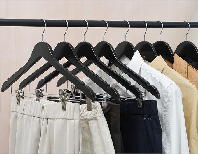 HOUÍSM Wooden Hangers with Clips, Heavy Duty Pants & Skirt Hangers, Solid Wood Clip Hangers for Trousers, Jeans, Clothes – Black, 16 Pack