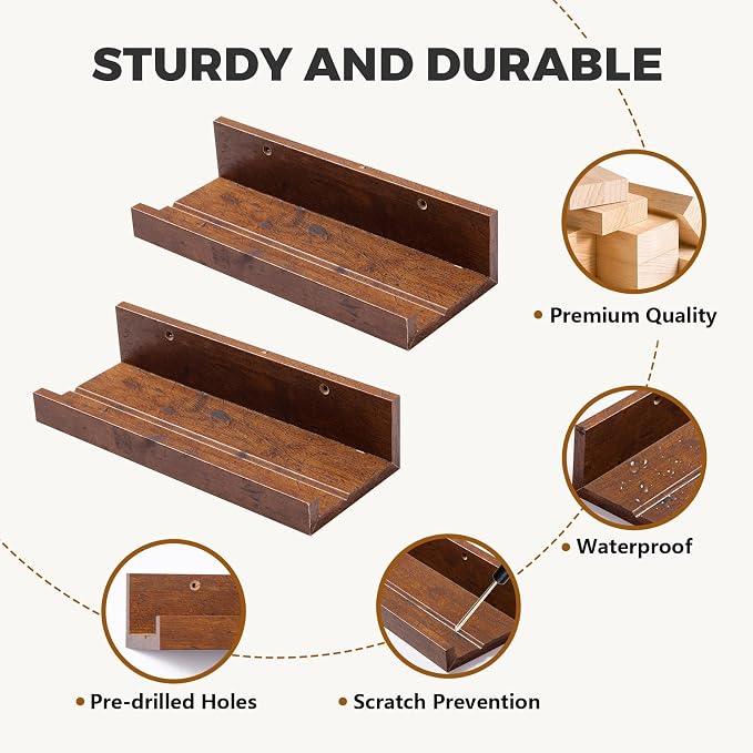 Muzilife 12" Small Floating Shelves Wood Wall Shelf with Lip, 4Pcs, Brown | FSC-Certified Wood | 20 lbs Capacity | Space-Saving | Hanging Shelf | Wall Decor| Bedroom,Living Room,Bathroom,Kitchen,Office