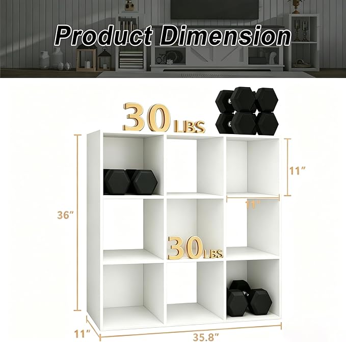 9 Cube Shelf with Anti-Tipping Kits + Reversible Open Back Bookcase, Multi Layer and Multi Grid Partition Layout (White 11in)
