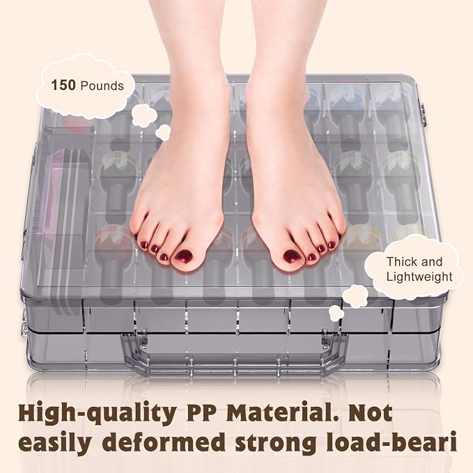SUBAY 2 Pcs Portable Nail Polish Organizer, Clear Double Side Nail Polish Holder,Gel Nail Storage for 48 Bottles with 6 Adjustable Dividers in Each Side Space Saver Grey