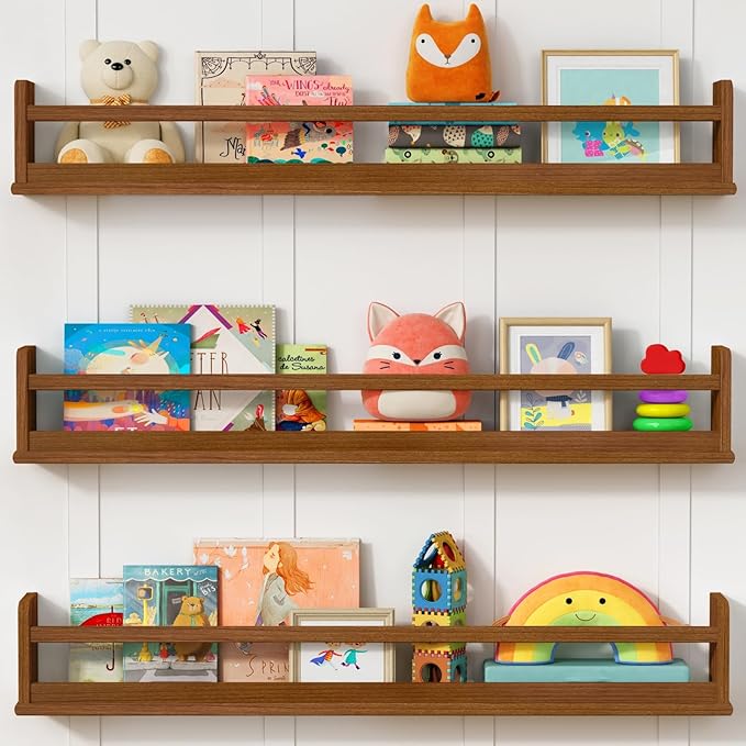 Harwaya Dark Wood Wall Bookshelf for Kids Bedroom, 36 Inch Floating Nursery Bookshelf for Baby Girl Boy Room, Wooden Hanging Toddler Book Shelves for Wall (36 inch, Walnut Brown, 3-Pack)
