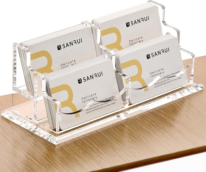 SANRUI Clear Horizontal Business Card Holder Stand for Desk, Acrylic Desktop Display Name Cards Holders Organizer Storage Rack,for Exhibition, Home, Office,2 Tier 4 Pocket, 240 Card Capacity