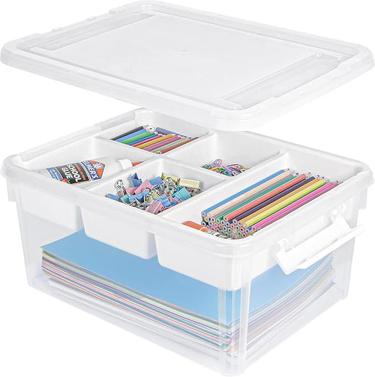 Creahaus 17 Quart Plastic Storage Box with Removable Tray Durable Craft Organizers and Storage Stackable Storage Container for Organizing Bead, Art, Sewing, Playdoh (Clear)