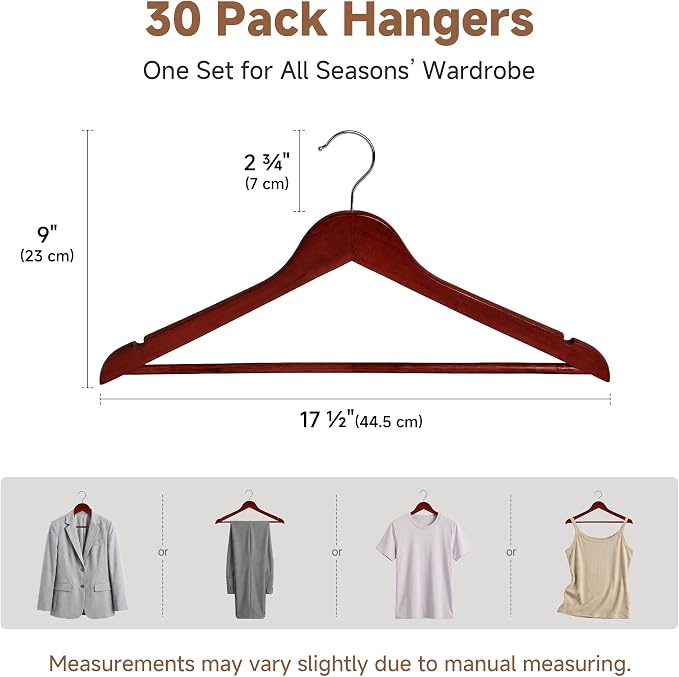 StorageWorks Wooden Hangers 30 Pack, Wood Coat Hangers for Closet, Heavy Duty Clothes Hangers for Suits, Shirts, Pants, Jackets, Dark Cherry Color