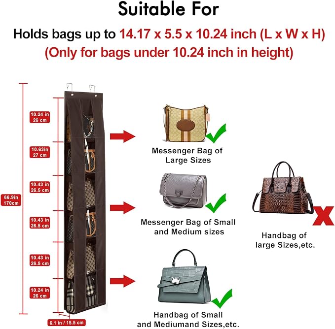 Lirex Over The Door Purse Organizer, Space-Saving Medium and Large Handbag Storage Organizer Clothing Closet Hanger, Dark Brown