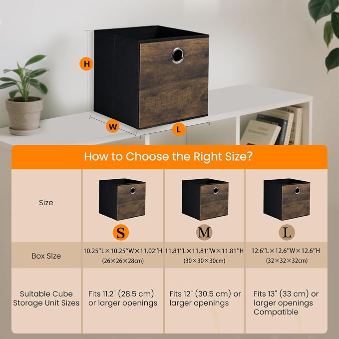 4 Pack Durable Storage Cube Bins with Wood Grain,Thickened Fabric Box,Storage Baskets for Open Shelf,Bookcase,Closet,Storeroom,Bedroom,Living Room,Nursery,Office,Dorm, 10.2x10.2x11in (Small)