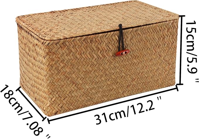 Moosky Wicker Shelf Baskets with Lid,Natural Seagrass Storage Basket Boxes Handwoven Rectangular Baskets Bins Multipurpose Home Organizer Decor (Medium)