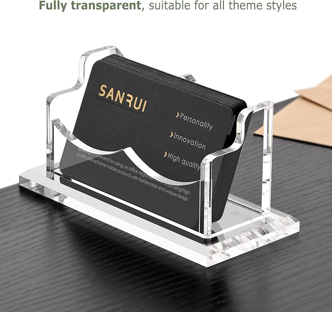 SANRUI 2 Pack Acrylic Business Card Holder for Desk, Clear Horizontal Name Card Stand for Women and Men, Desktop Organizer Display for Office Home Exhibition -120 Card Capacity