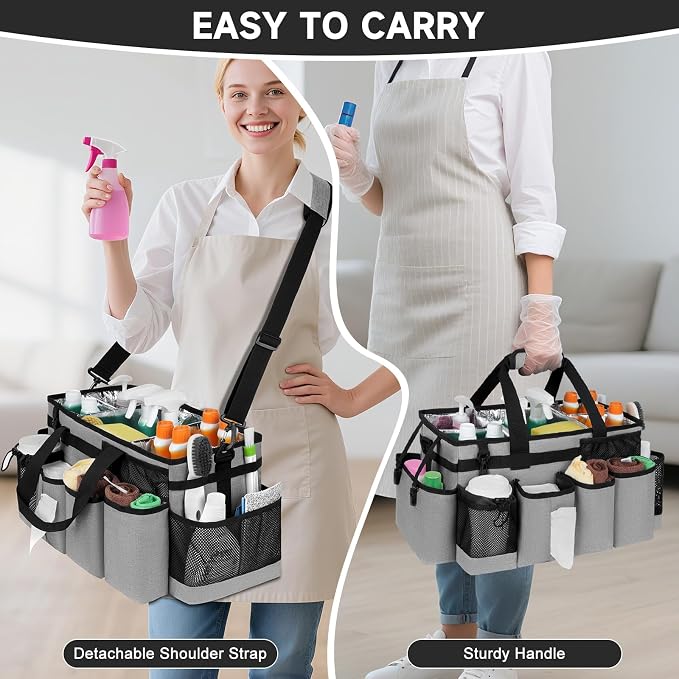 Cleaning Caddy Bag, Extra Large Cleaning Supplies Organizer for Housekeepers, Housekeeping Caddy with Handle and Detachable Padded Cushion, Gray
